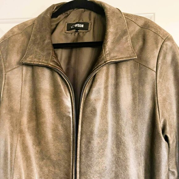 Bison Italian Leather Jacket Khaki Brown Size 52 XL Made in Italy Vintage - Picture 6 of 9
